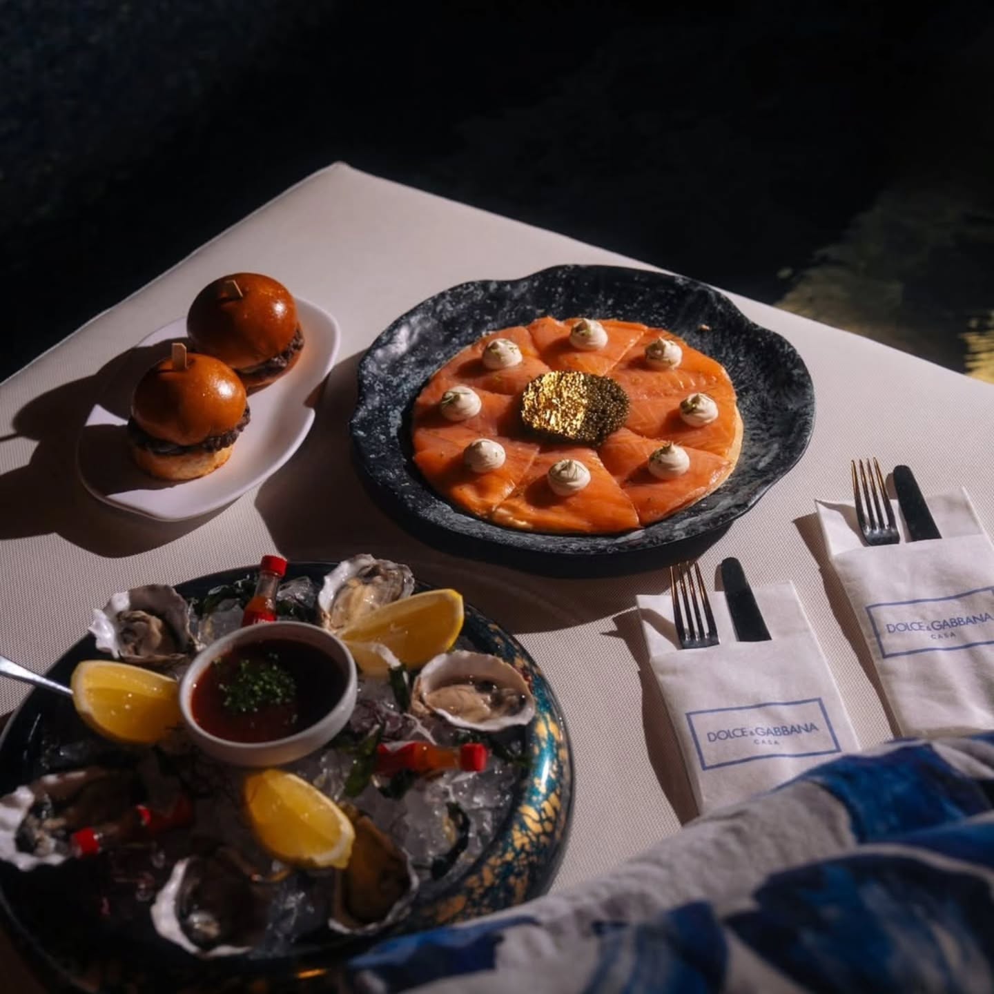 Seafood, caviar, and small bites served for a luxury private table